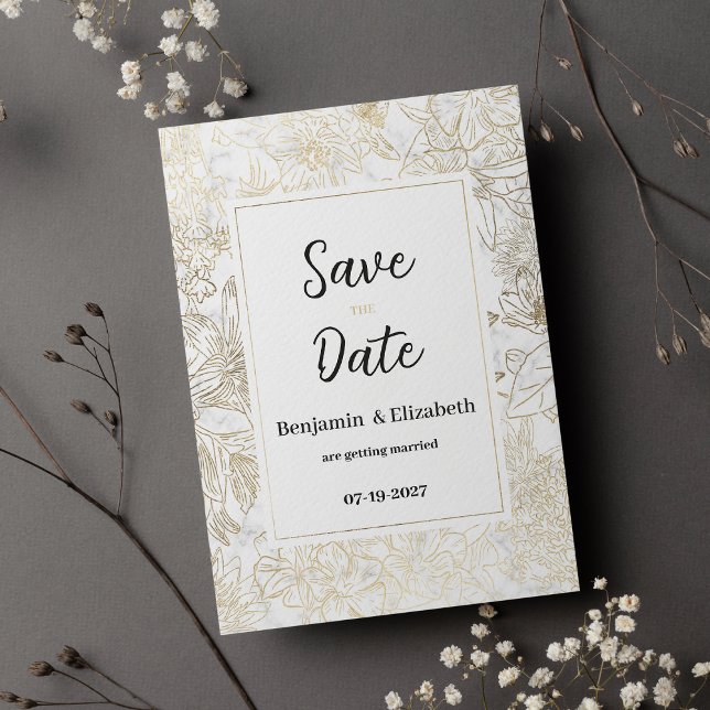 Glam white guld grått marble blommigt Spara datum Inbjudningar (Glam white gold gray marble floral Save the Date)