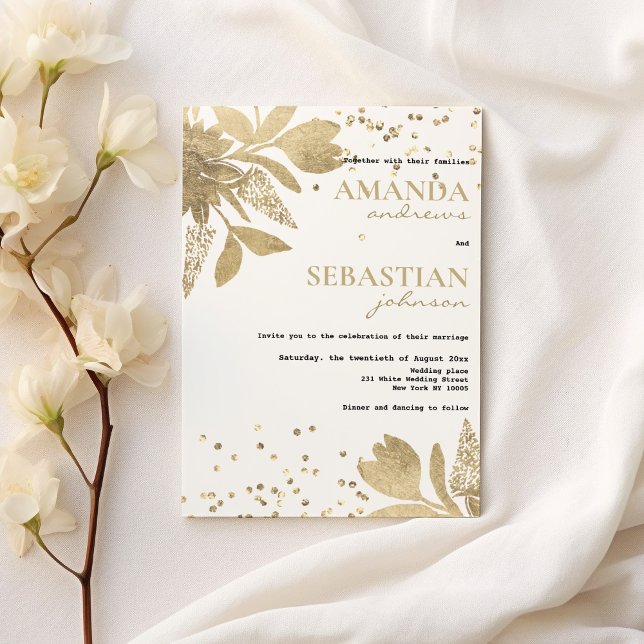 Glam white guld typography konetti blommigt Bröllo Inbjudningar (Glam white gold typography confetti floral Wedding )