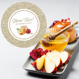 Glam White och Guld Glitter Jewish Rosh Hashanah Runt Klistermärke