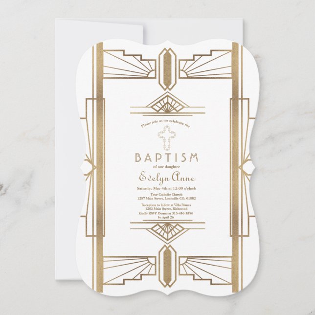 Glam White Roaring 20:s Underbara Gatsby Baptism Inbjudningar (Framsida)