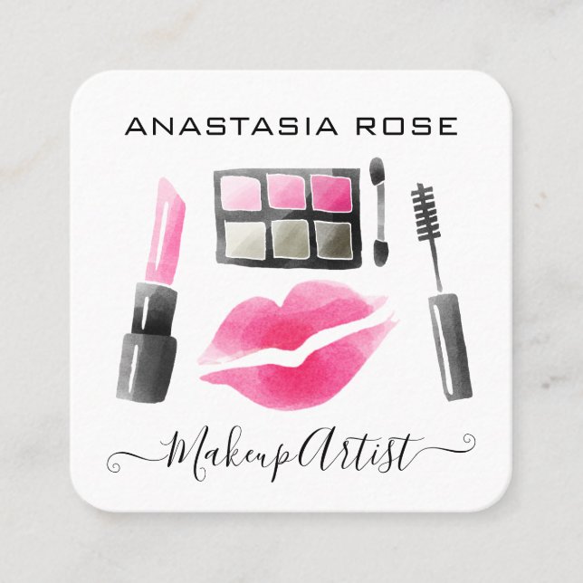 Glam White & Rosa Lipstick Eyeshadow Makeup Artist Fyrkantigt Visitkort (Framsida)