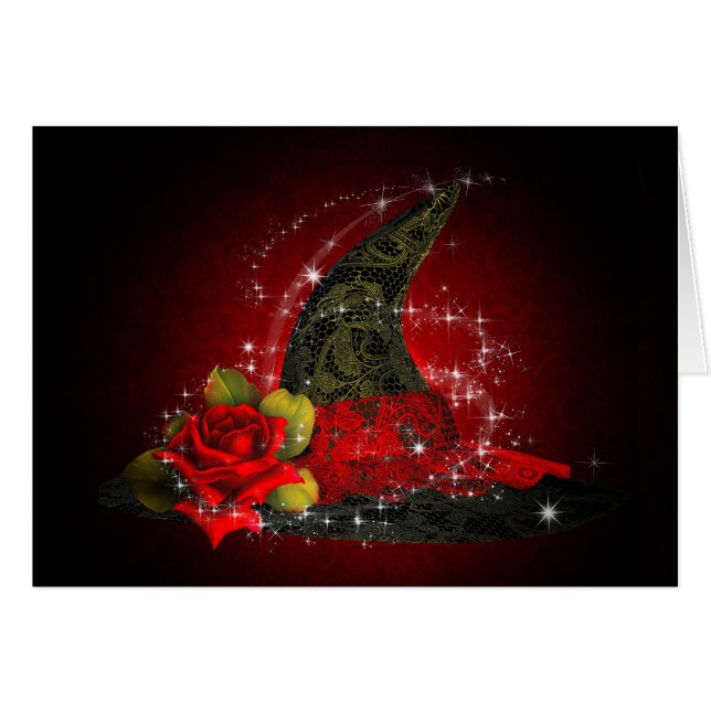 Glam Witch Hat Lacy Black & Red Gnistra Party OBS Kort (Framsidan Horizontal)