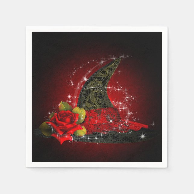 Glam Witch Hat Lacy Black & Red Gnistra Party Pappersservett (Framsidan)