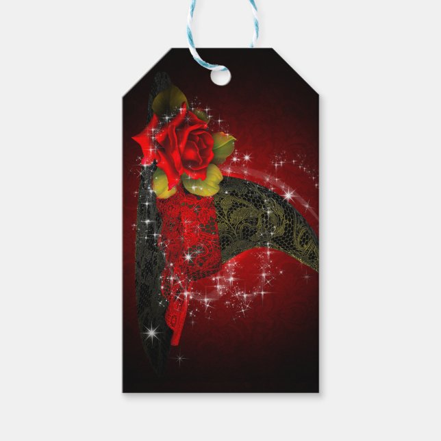 Glam Witch Hat Lacy Black & Red Gnistra Party Presentetikett (Framsidan)