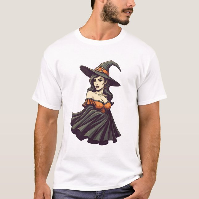 Glam Witch Pinupet Halloween Babe Retro Spooky T Shirt (Framsida)