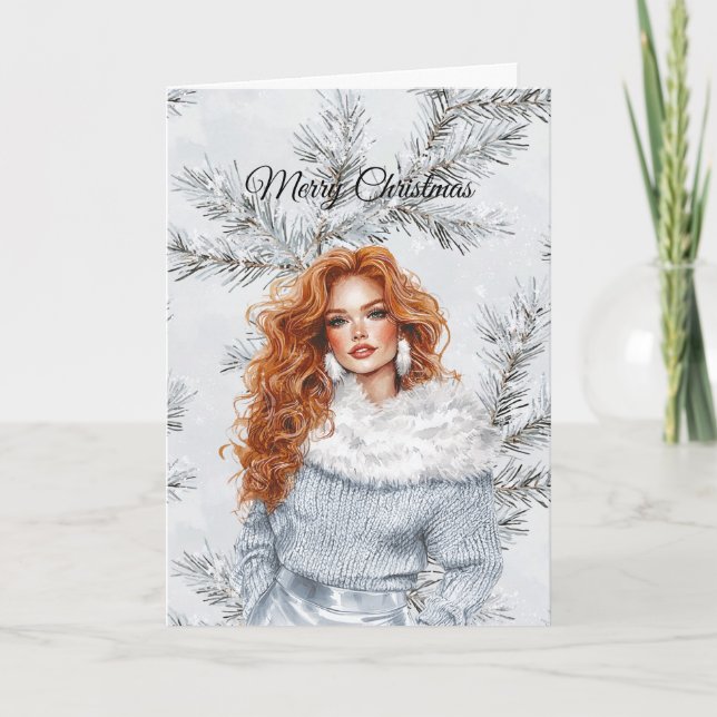 Glam Woman Red Hair Silver Christmas Tree Branches Kort (Framsida)