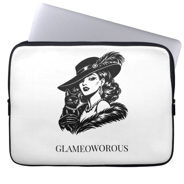 Glam Woman with Cat Fashion Illustration Laptop Fodral (Framsidan)