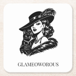 Glam Woman with Cat Fashion Illustration Underlägg Papper Kvadrat