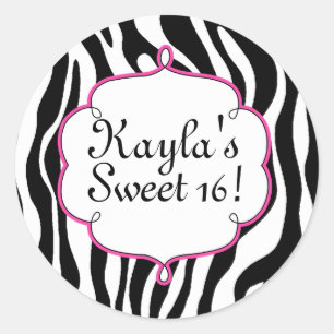 Glam Zebraprint och Rosa Sweet 16 Party-dekal Runt Klistermärke