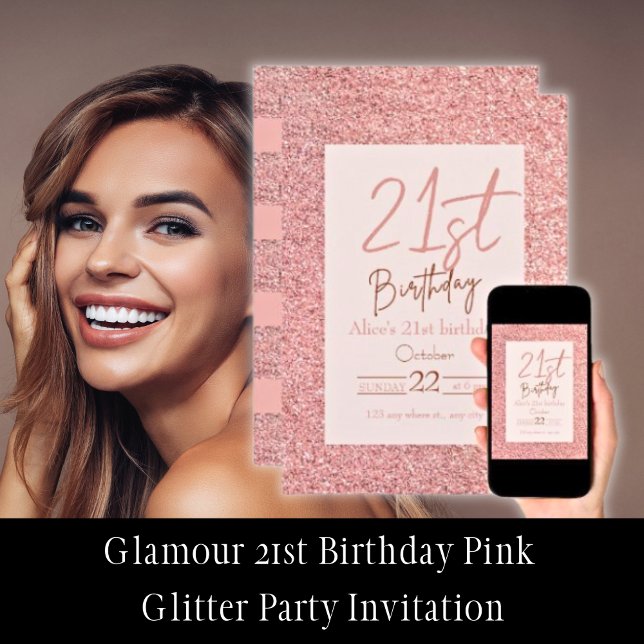 Glamor 21:a födelsedag Rosa Glitter Inbjudningar (Glamour 21st Birthday Pink Glitter Party Invitations)