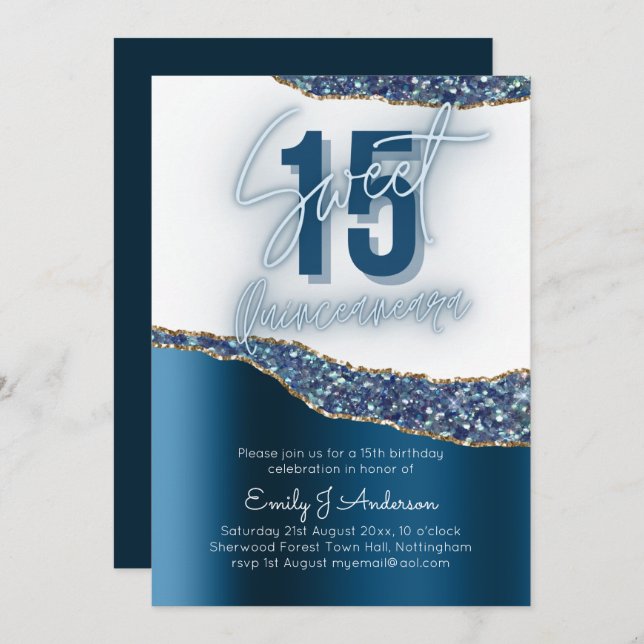 Glamor Blue Silver Foil Glitter Quinceanera 15:e Inbjudningar (Fram/baksida)