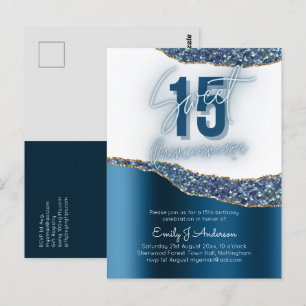 Glamor Blue Silver Foil Glitter Quinceanera 15:e Vykort