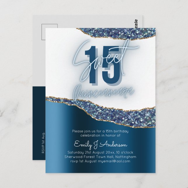 Glamor Blue Silver Foil Glitter Quinceanera 15:e Vykort (Fram/baksida)