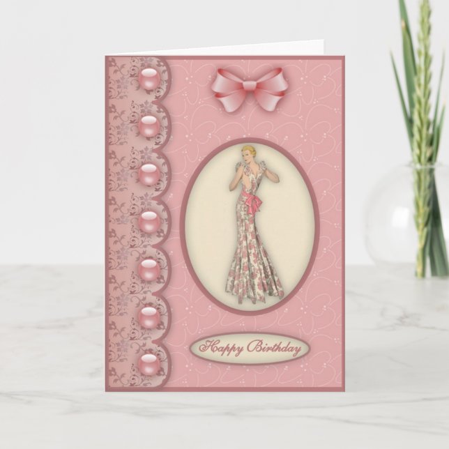 Glamor Girl in Rosa - Birthday Card Kort (Framsida)