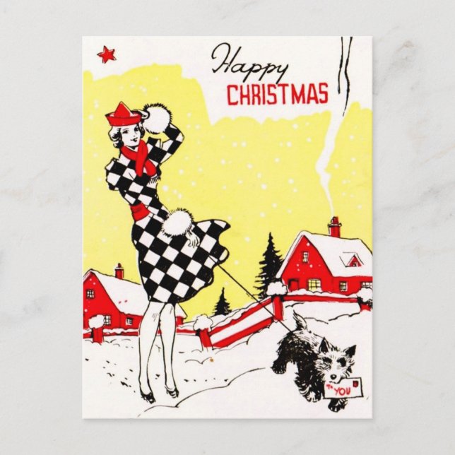 Glamor Girl med Scotty Hund Hälsning Vykort (Framsida)