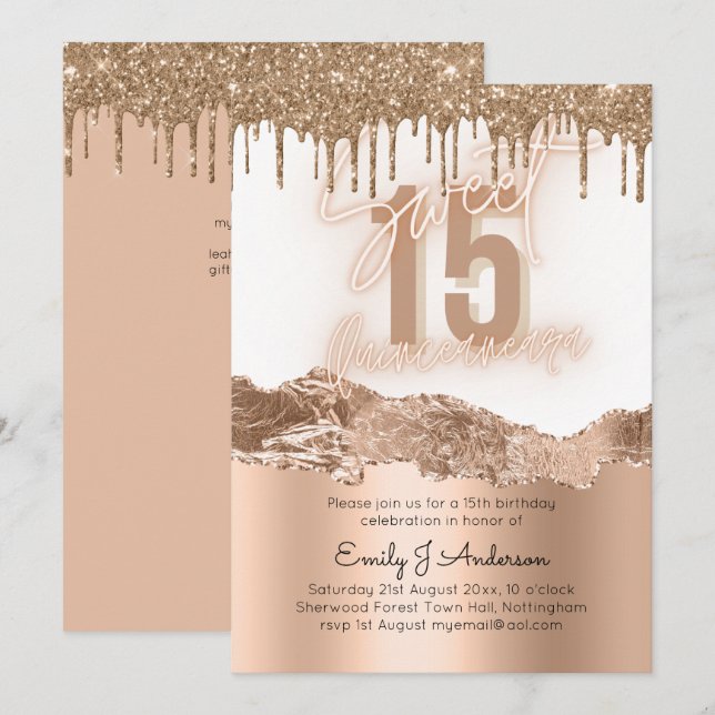 Glamor Gold Foil Glitter Quinceanera 15:e Inbjudningar (Fram/baksida)