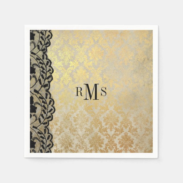 Glamor Golden Black Snöre Monogram Napkins Pappersservett (Framsidan)
