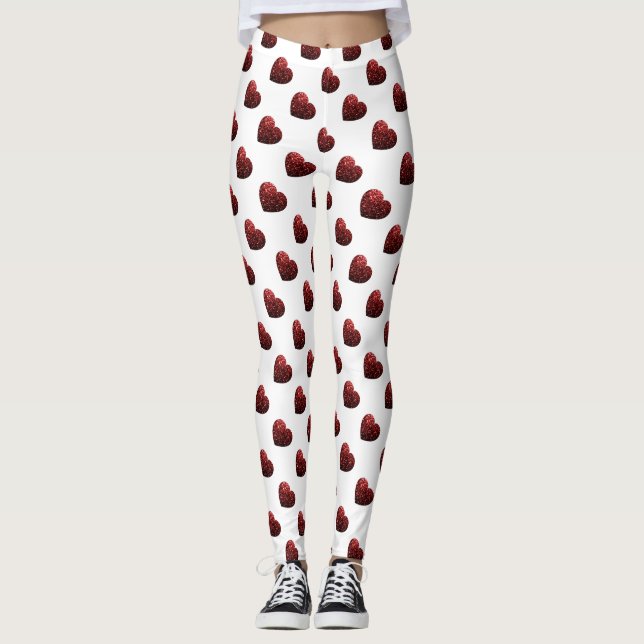 Glamor Red Glitter sparkles Heart mönster white Leggings (Framsida)