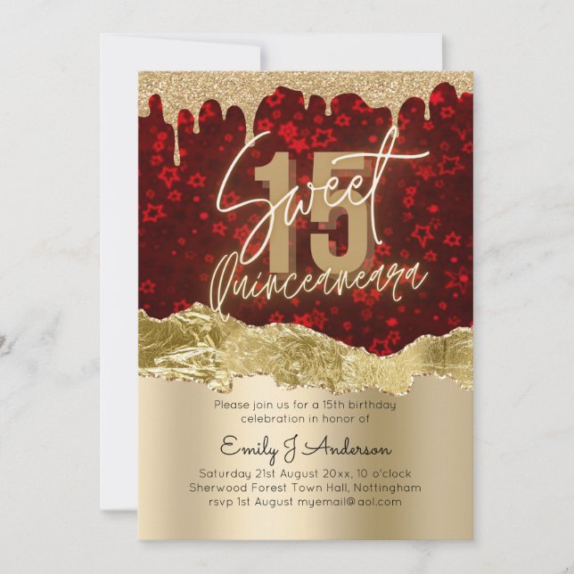 Glamor Red Gold Foil Glitter Quinceanera 15:e Inbjudningar (Framsida)
