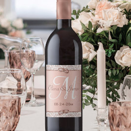 Glamor Ro Guld Monogram Damask Wedding Vinflaska Etikett
