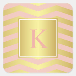 Glamor Rosa och Guld Chevrons med Monogram Fyrkantigt Klistermärke