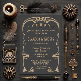 Glamor & Spöken Art Deco Guld & Black Halloween Inbjudningar