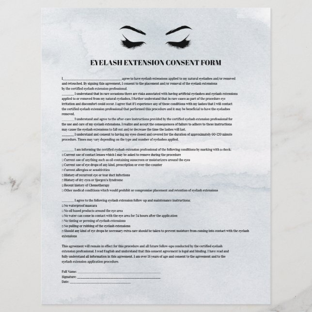 Glamora Grått EYELASH EXTENSION CONSENT FORM Reklamblad (Framsidan)
