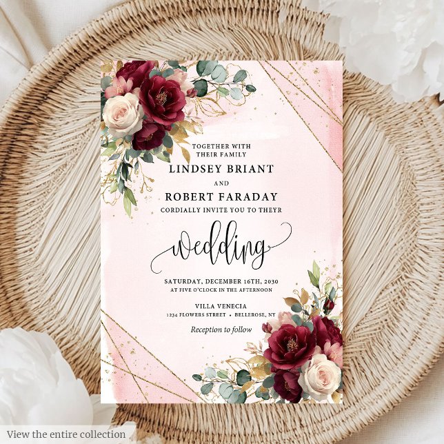 Glamoral Boho Deep Red Guld  Ro Bröllop Inbjudningar (Glamorous Boho Deep Red Gold Blush Roses Wedding Invitation)