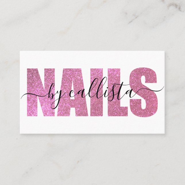 Glamoral Chic Rosa Glitter Typography Nail Artist Visitkort (Framsida)