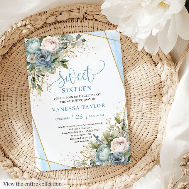 Glamoral Dusty Blue White Peonies Sweet 16 Inbjuda Inbjudningar (Glamorous Dusty Blue White Peonies Sweet 16 Invitation)