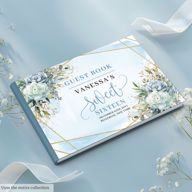 Glamoral Dusty Blue White Peonies Sweet sixteen Gästböcker (Glamorous Dusty Blue White Peonies Sweet 16 Guest Book)