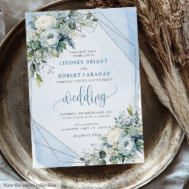 Glamoral Dusty Blue White Silver Peonies Bröllop Inbjudningar