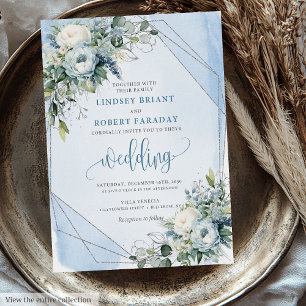 Glamoral Dusty Blue White Silver Peonies Bröllop Inbjudningar