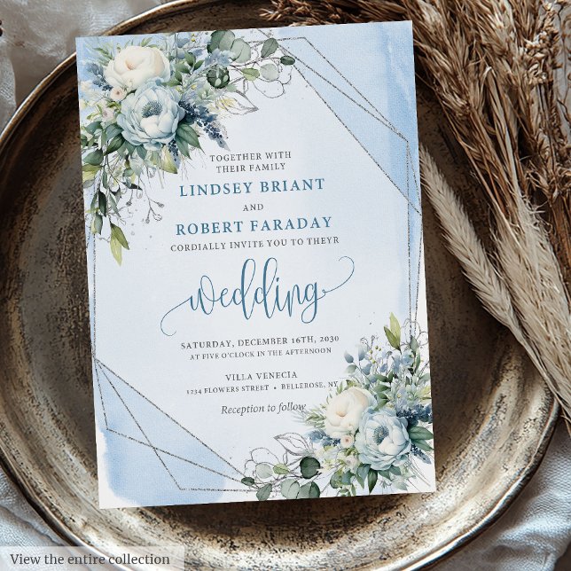 Glamoral Dusty Blue White Silver Peonies Bröllop Inbjudningar (Glamorous Dusty Blue White Silver Peonies Wedding Invitation)