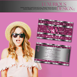 Glamoral Girly Rosa Glitter Stars Monogram Silver Visitkort