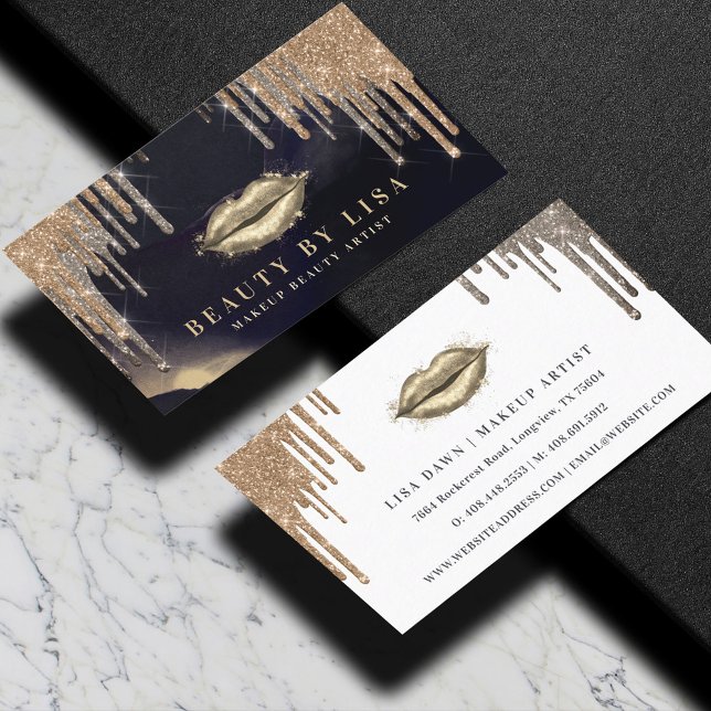 Glamoral Guld Glitter Drip Navy & Guld Glam Läppar Visitkort (Glamorous Gold Glitter Drip Navy & Gold Glam Lips Business Card)