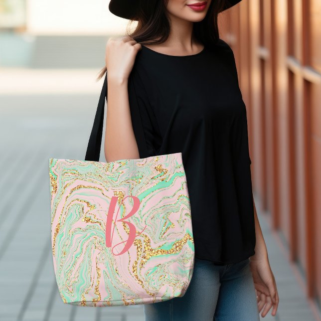 Glamoral Modern Söt Rosa Mint Guld Marbling Tygkasse (Glamorous Modern Pretty Pink Mint Gold Marbling Tote Bag)