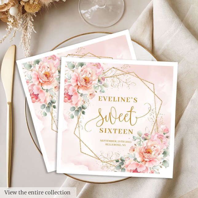 Glamoral Pastel Rosa Guld Blommigt Sweet 16 Napkin Pappersservett (Glamorous Pastel Pink Gold Floral Sweet 16 Napkins)