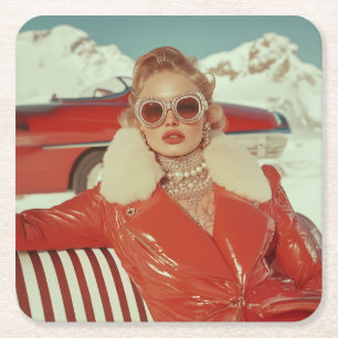 Glamoral Retro Winter Stil i alpinställning Underlägg Papper Kvadrat