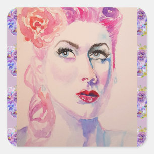 Glamoral Retro Woman Vintage Lila Watercolor Fyrkantigt Klistermärke