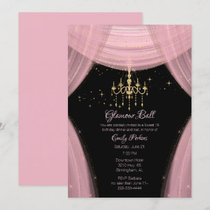Glamoral Rosa och svart Sweet sixteen Inbjudningar