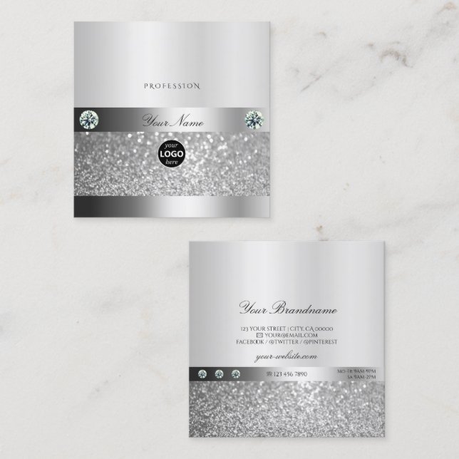 Glamoral Shimmery Silver Gnistra Glitter och Logot Fyrkantigt Visitkort (Fram/baksida)
