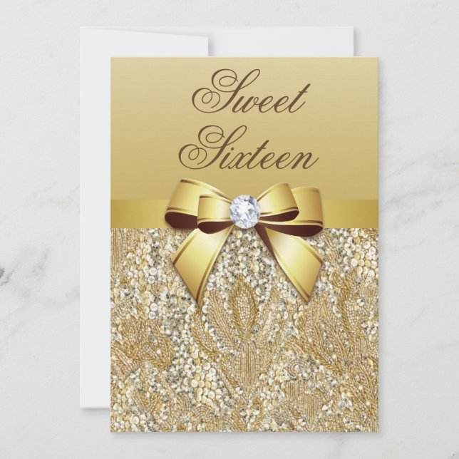 Glamoral Sweet 16 Faux Guld Sequins and Bow Inbjudningar (Framsida)