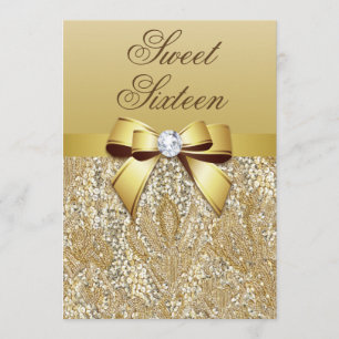 Glamoral Sweet 16 Faux Guld Sequins and Bow Inbjudningar
