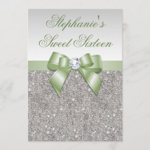 Glamoral Sweet 16 Faux Silver Sequins Grönt Bow Inbjudningar