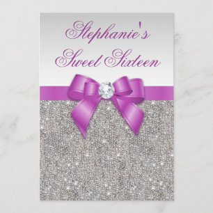 Glamoral Sweet 16 Faux Silver Sequins Lila Bow Inbjudningar