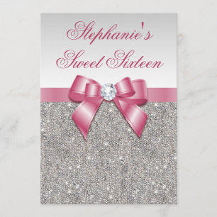 Glamoral Sweet 16 Faux Silver Sequins Rosa Bow Inbjudningar