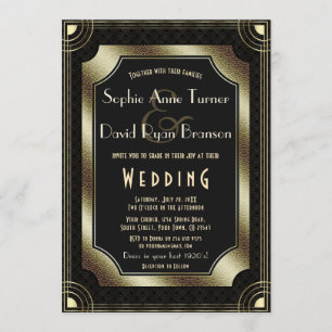 Glamoral Underbar Gatsby Guld Black Art Deco Bröll Inbjudningar