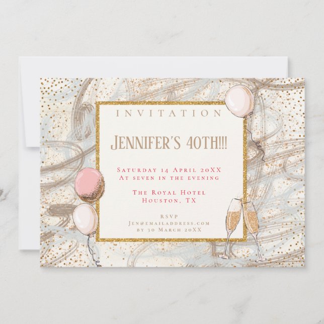 Glamorala 40:e Party-Guld-legeringar för konfetti- Inbjudningar (Framsida)