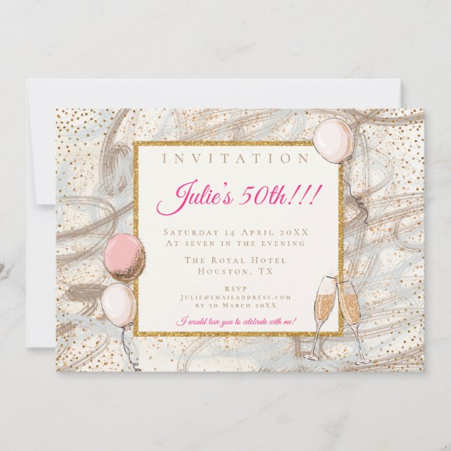 Glamorala 50:e Party-Guld-konfetti-bubblor Inbjudningar (Framsida)